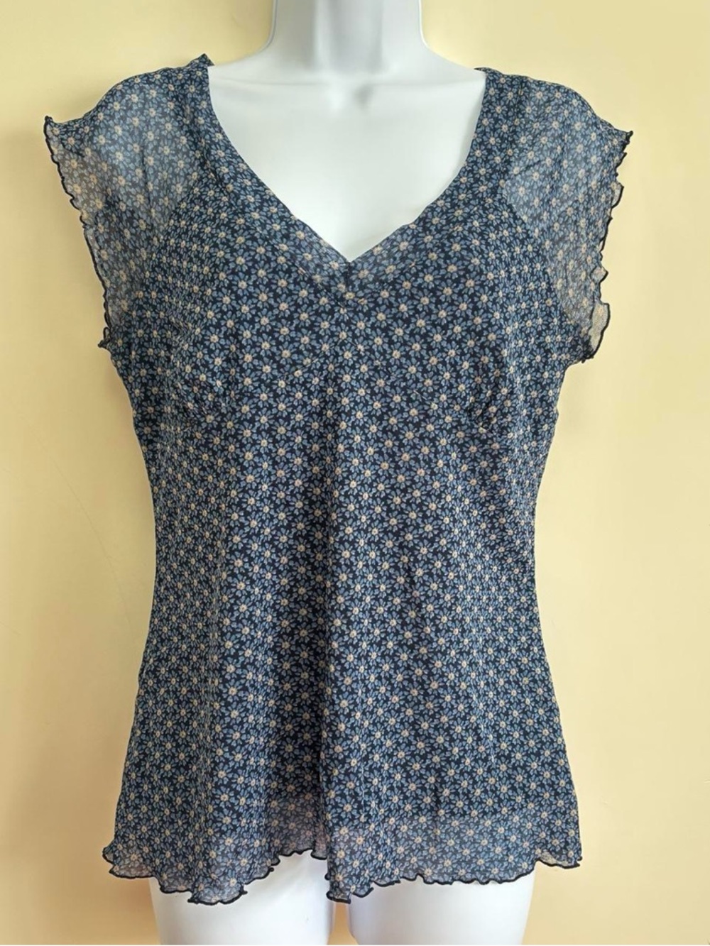 Axcess Navy Blue Floral V-Neck Short Sleeve Blouse